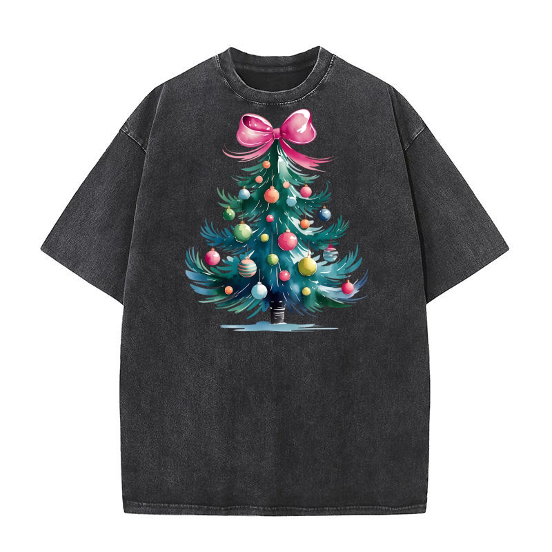 Watercolor Christmas Tree with Ornaments Washed T-Shirt