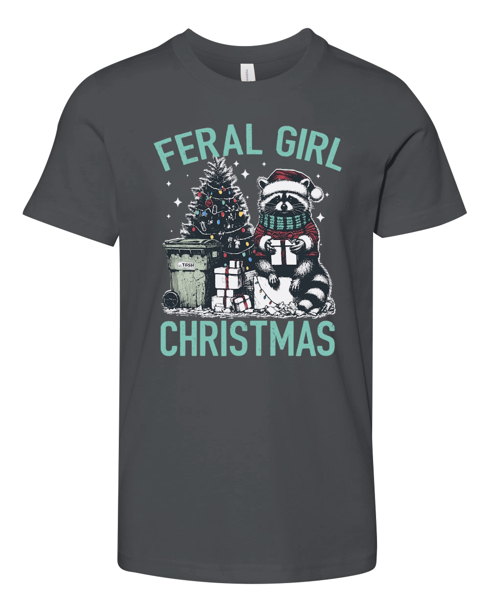 Feral Girl Christmas Raccoon D Color Green Youth Unisex Jersey Tee