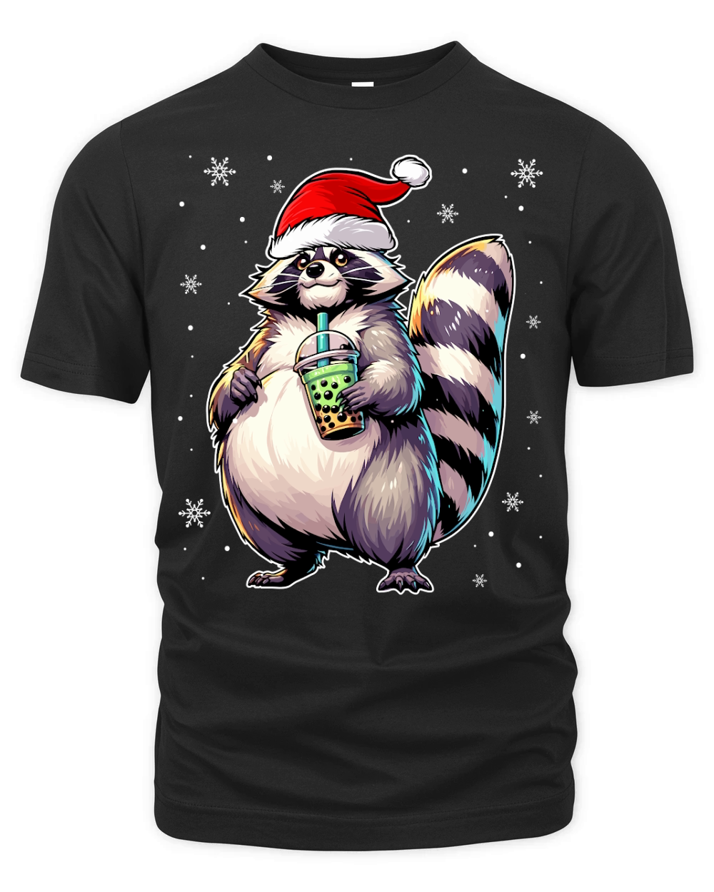 adorable Raccon drinking boba tea wearing santa hat 2 Organic Unisex T-shirt