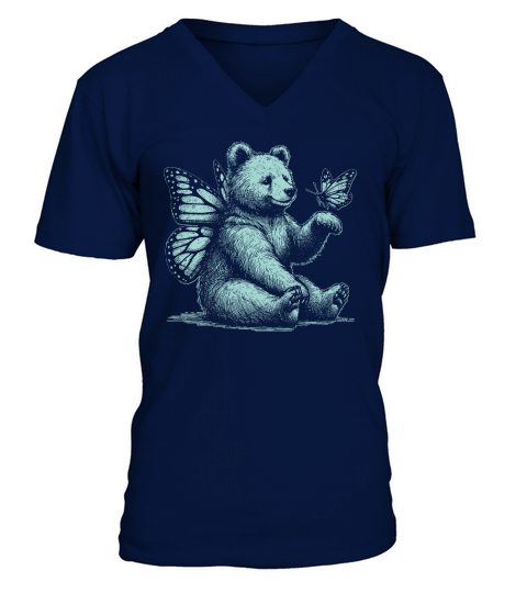 Bear With Butterfly Wings Vintage D Green GR V-Neck T-shirt