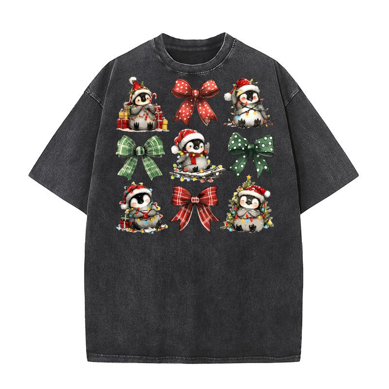 Christmas Coquette Bow Penguin Washed T-Shirt