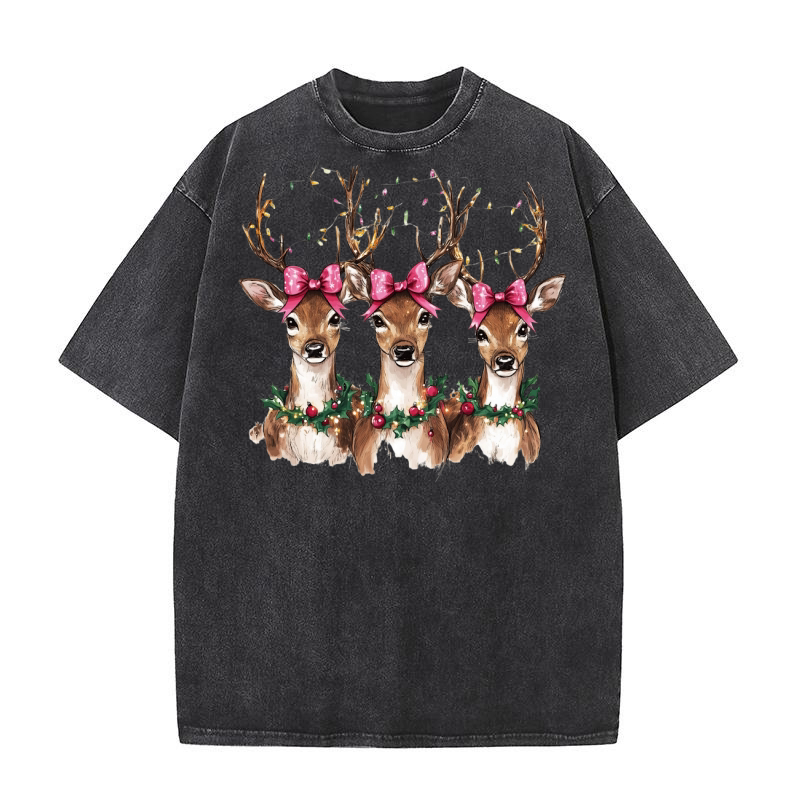 Christmas Deer Pink Coquette Washed T-Shirt