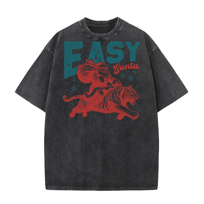 Easy Santa Riding Tiger L Green Red Washed T-Shirt