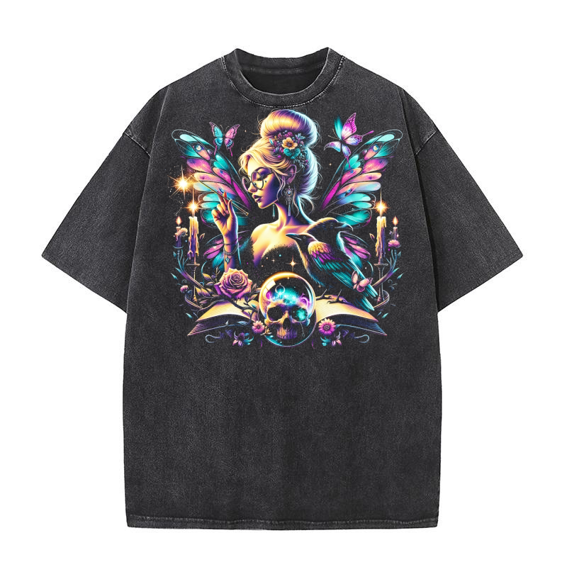 Mystical Gothic Fairy with Ravens Washed T-Shirt