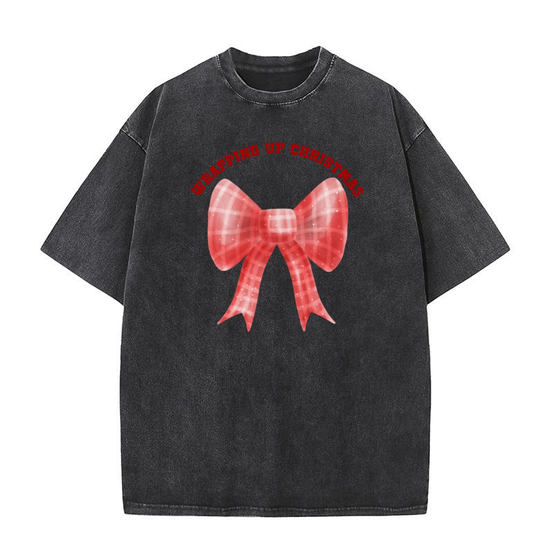 Wrapping Up Christmas Red Bow Stripe Glitter Washed T-Shirt