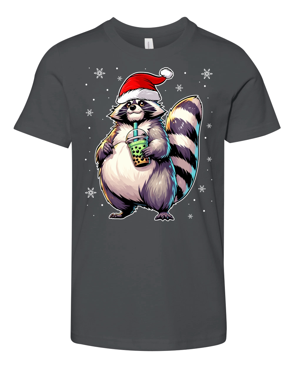 adorable Raccon drinking boba tea wearing santa hat 2 Youth Unisex Jersey Tee