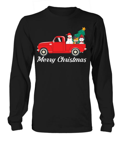 Funny Cat Dog Riding Red Truck Merry Christmas Cute Xmas Long sleeved Unisex