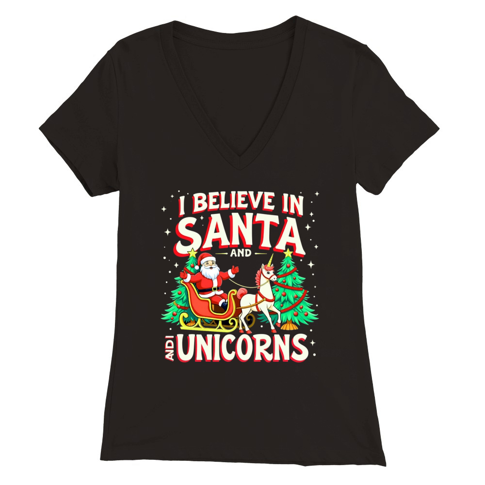 I Believe in Santa and I Unicorns Premium Womens V-Neck T-shirt
