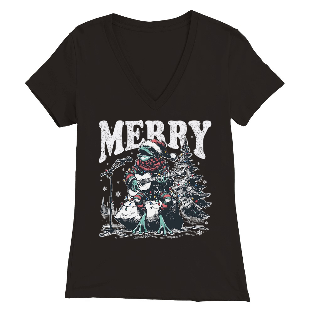 Merry Christmas Frog Playing Guitar D Black White Red Green Premium Womens V-Neck T-shirt