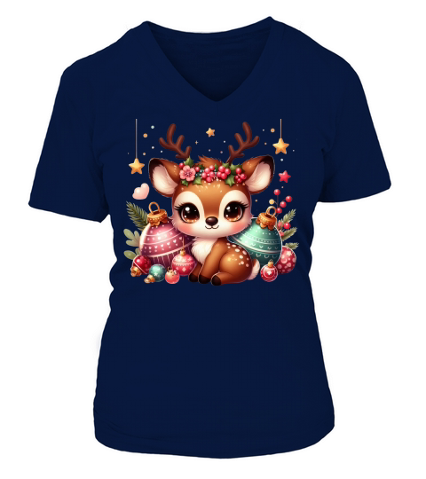 Cute Deer Christmas Watercolor Clipart1 V-neck T-Shirt Woman