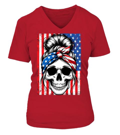 USA Flag Vintage Skeleton 4th of july V-neck T-Shirt Woman