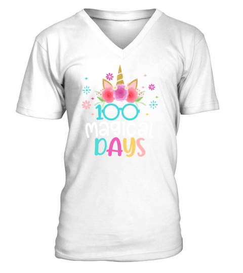 100th Days Of School Girls Cute Unicorn Face V-Neck T-shirt