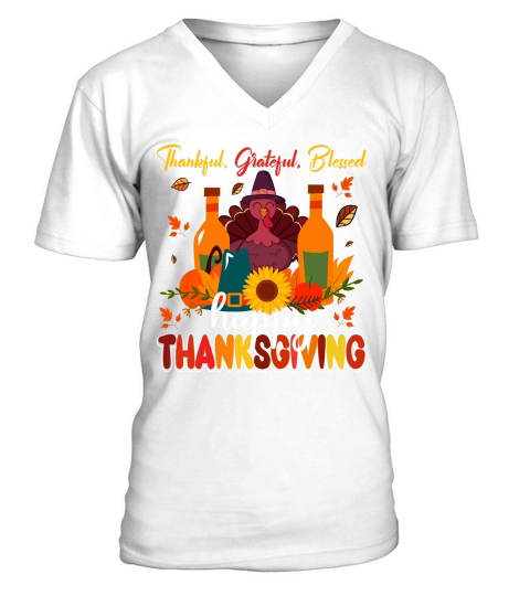 thankful grateful blessed happy thanksgiving V-Neck T-shirt