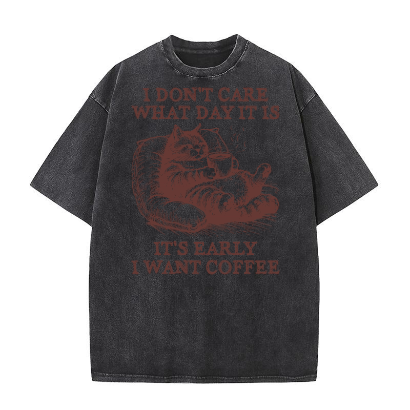 Cat Don’t Care Just Want Coffee L Brown Washed T-Shirt