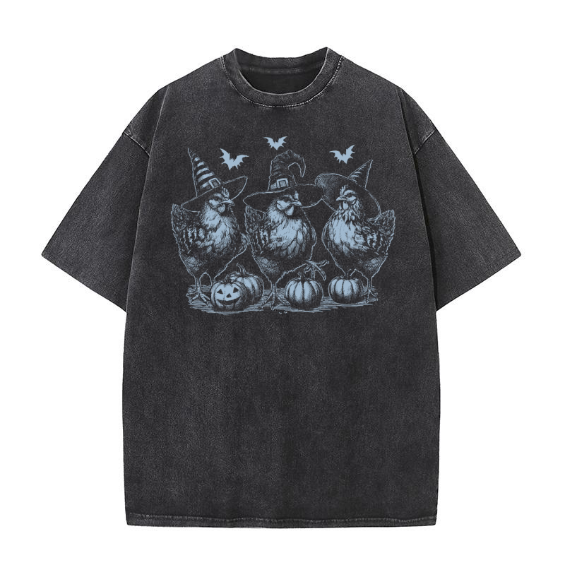 Chicken Witches Funny Halloween D Grey Washed T-Shirt