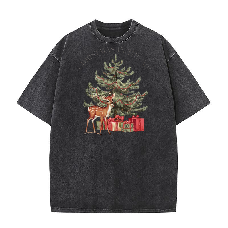 Christmas Tree Deer Scene Washed T-Shirt