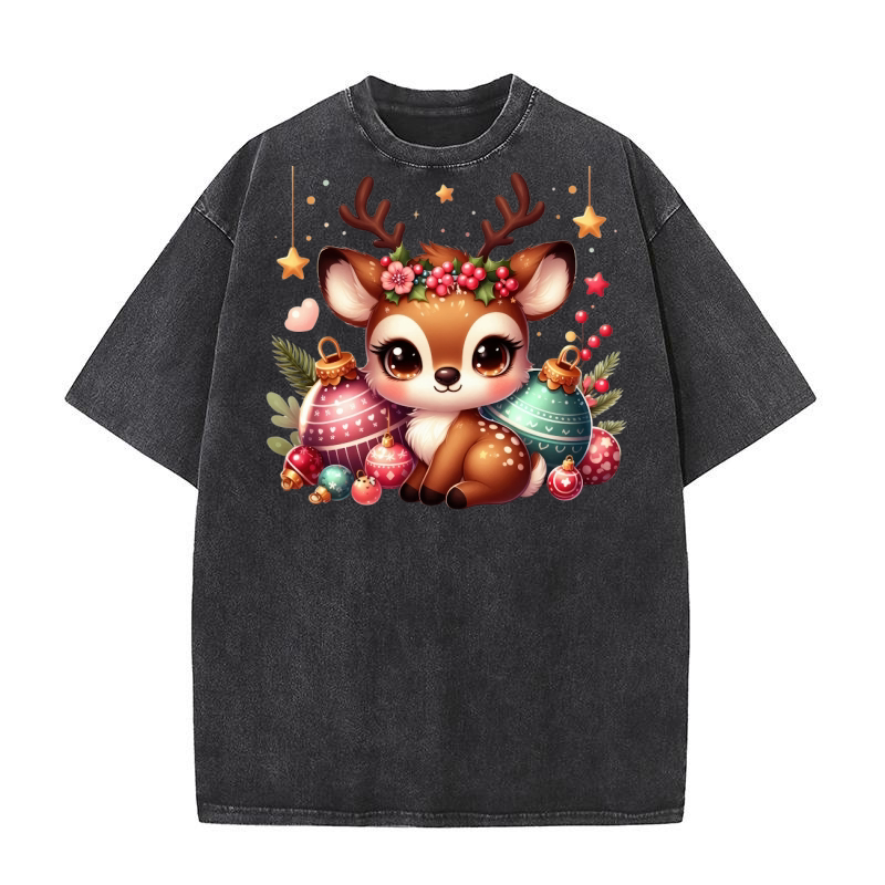 Cute Deer Christmas Watercolor Clipart1 Washed T-Shirt