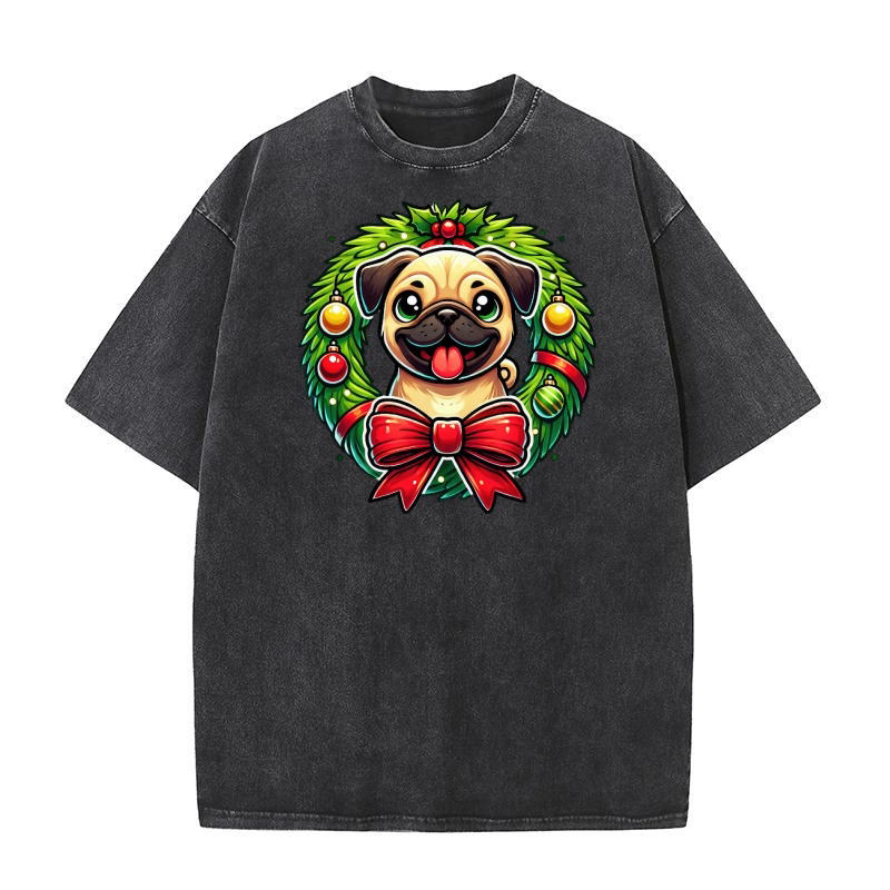 Cute Pug Christmas Wreath Digital Washed T-Shirt