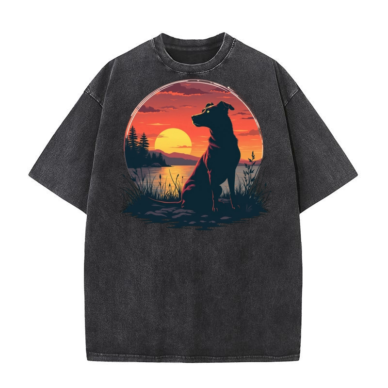 Dog Watching Sunset 1 Washed T-Shirt