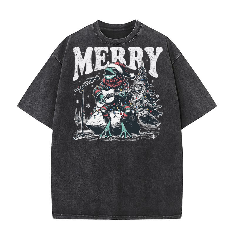 Merry Christmas Frog Playing Guitar D Black White Red Green Washed T-Shirt