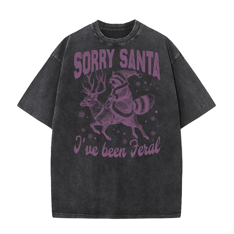 Raccoon Santa Riding Reindeer L Purple Washed T-Shirt