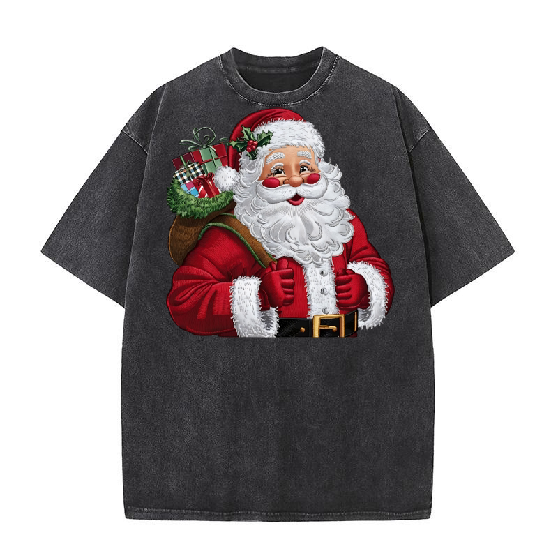 Santa Claus Christmas Embroidery Washed T-Shirt