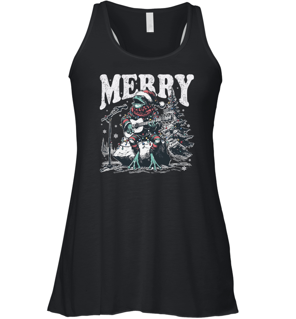 Merry Christmas Frog Playing Guitar D Black White Red Green Women's Flowy Tank Top