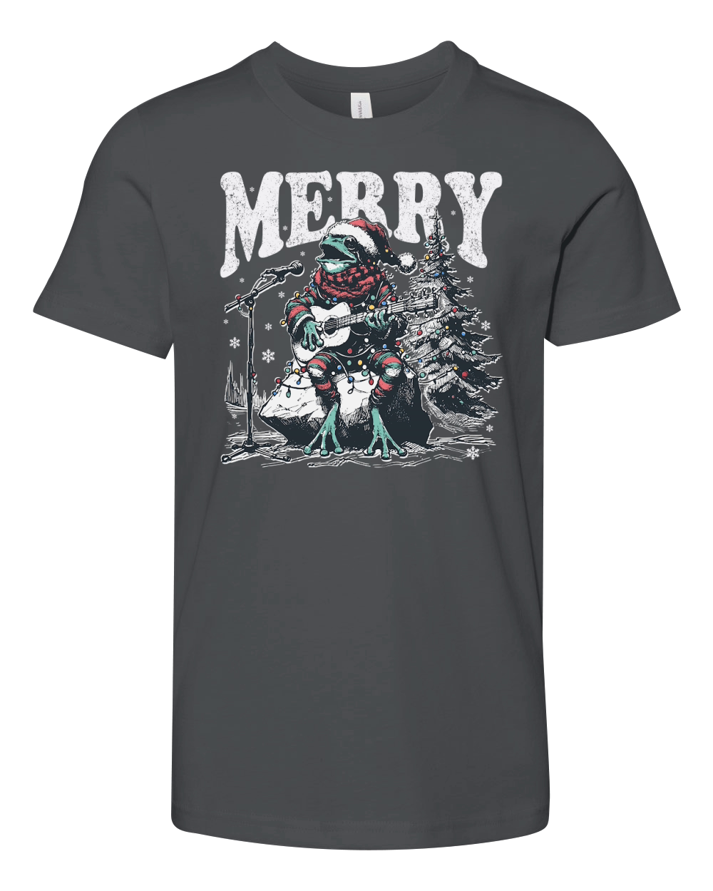 Merry Christmas Frog Playing Guitar D Black White Red Green Youth Unisex Jersey Tee