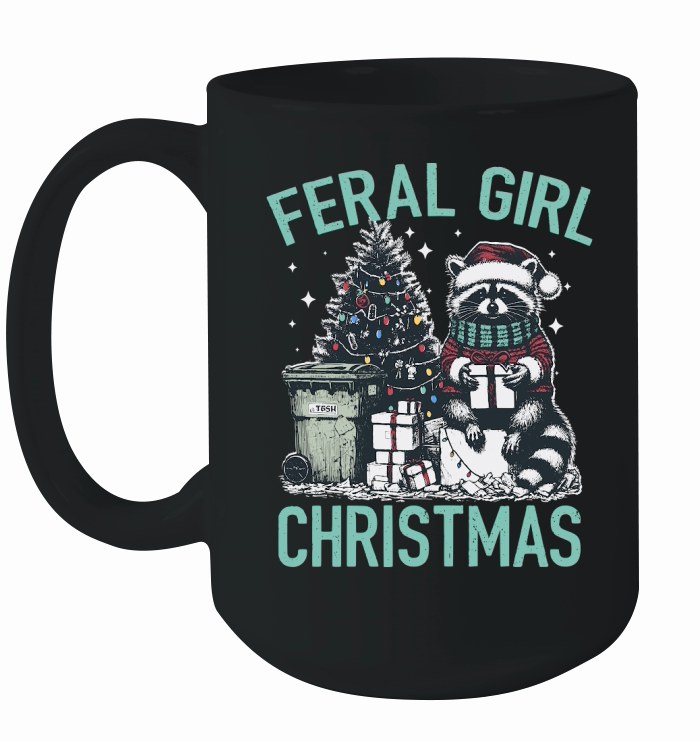 Feral Girl Christmas Raccoon D Color Green Ceramic Mug