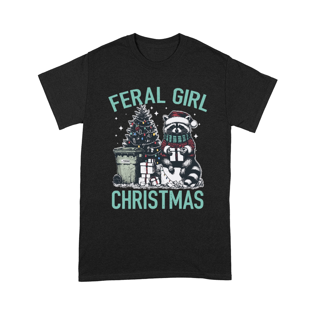 Feral Girl Christmas Raccoon D Color Green Comfort T-shirt
