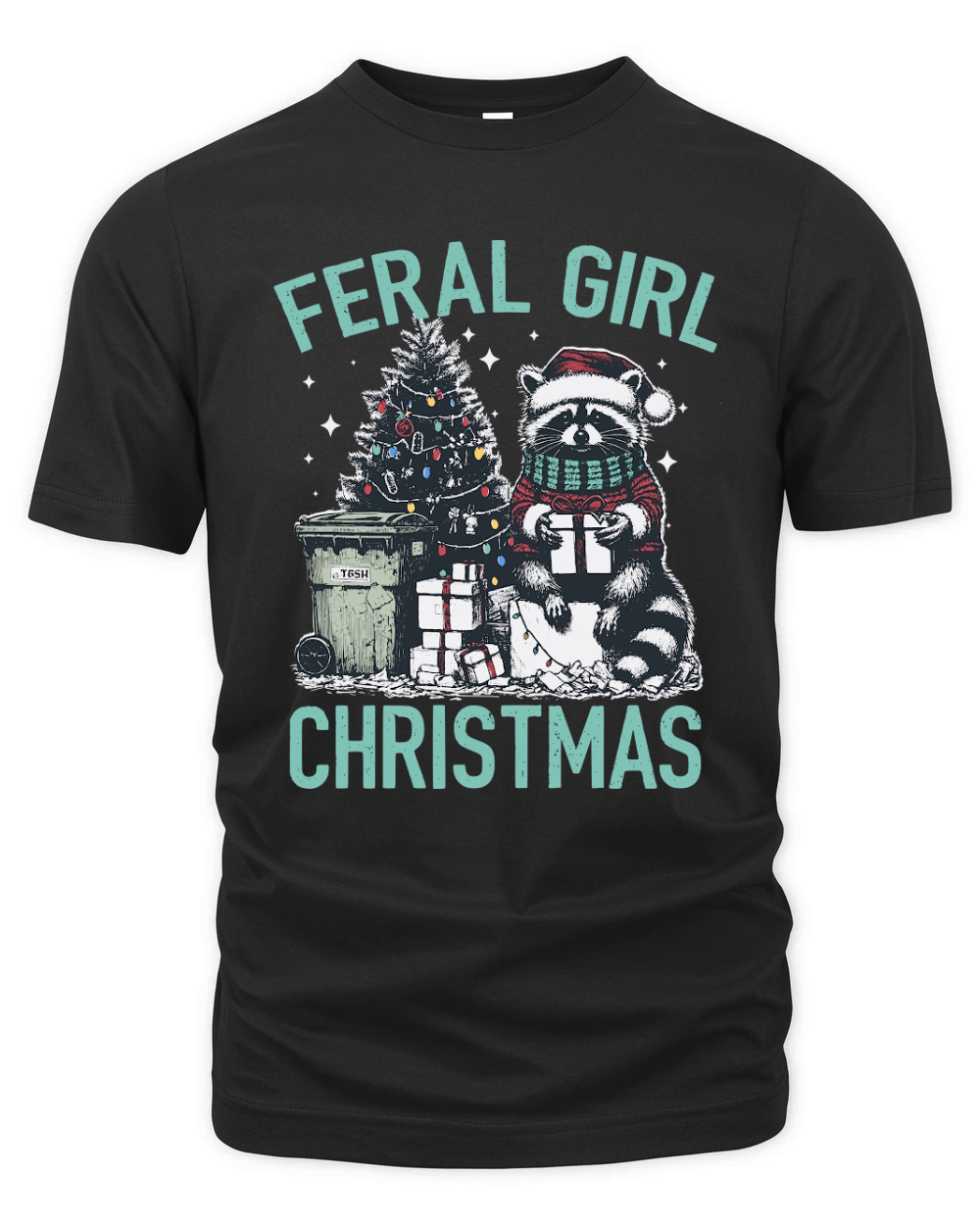 Feral Girl Christmas Raccoon D Color Green Organic Unisex T-shirt
