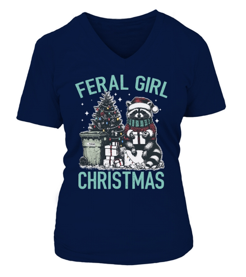 Feral Girl Christmas Raccoon D Color Green V-neck T-Shirt Woman