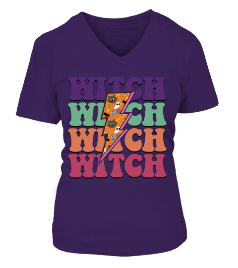 Halloween Witch Retro Groovy Vintage V-neck T-Shirt Woman