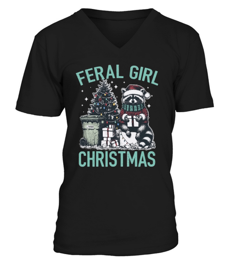 Feral Girl Christmas Raccoon D Color Green V-Neck T-shirt