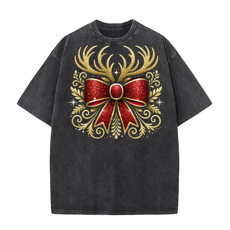 Christmas Reindeer Bow 9 Washed T-Shirt