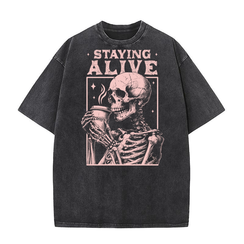Staying Alive Skeleton Coffee D Pink Washed T-Shirt