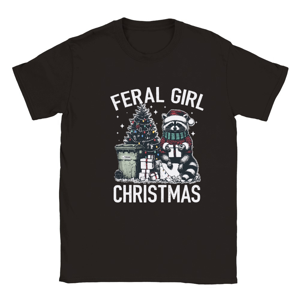 Feral Girl Christmas Raccoon D Color Classic Kids Crewneck T-shirt