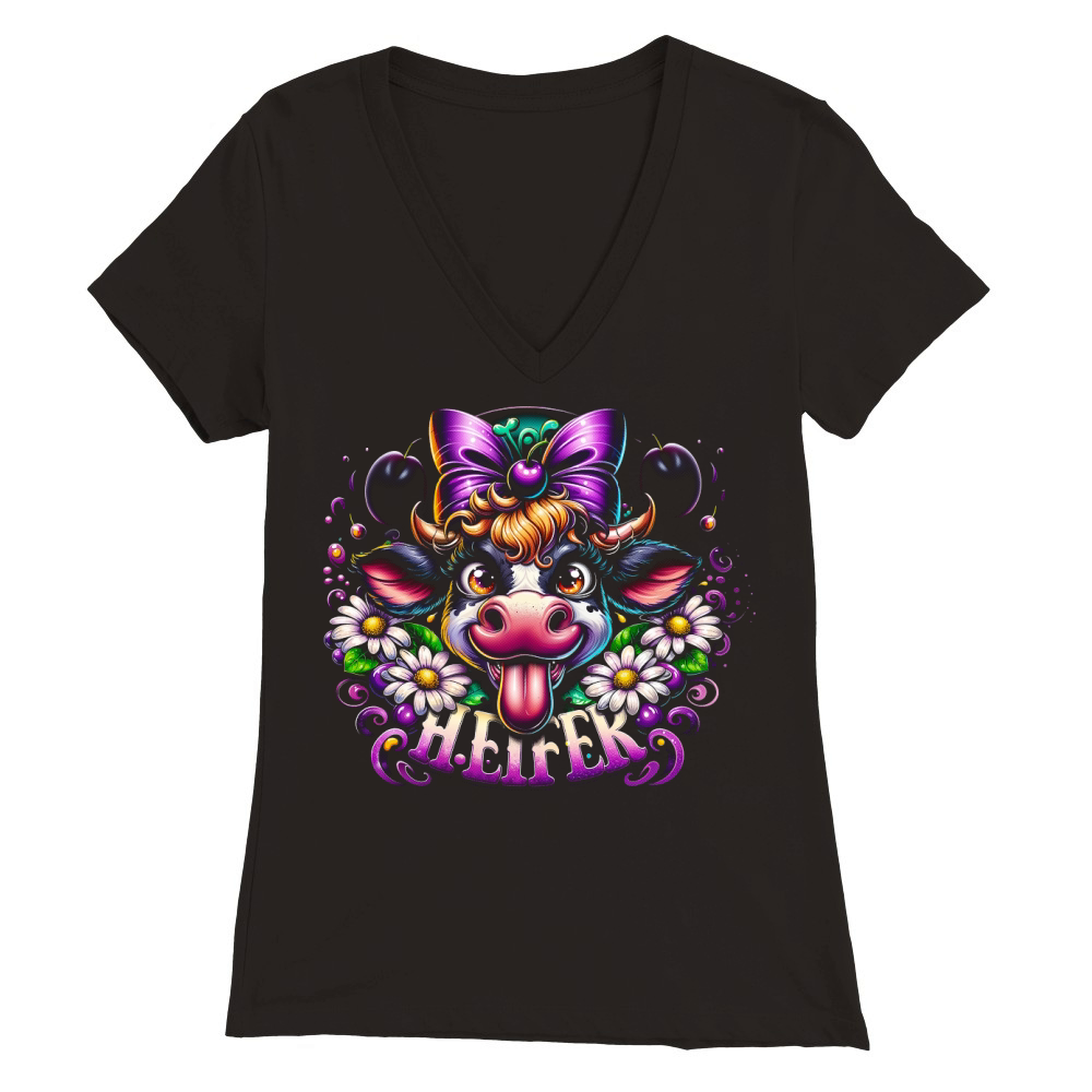 Playful Heifer Cow with Purple Bow Premium Womens V-Neck T-shirt