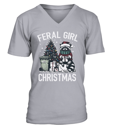 Feral Girl Christmas Raccoon D Color V-Neck T-shirt