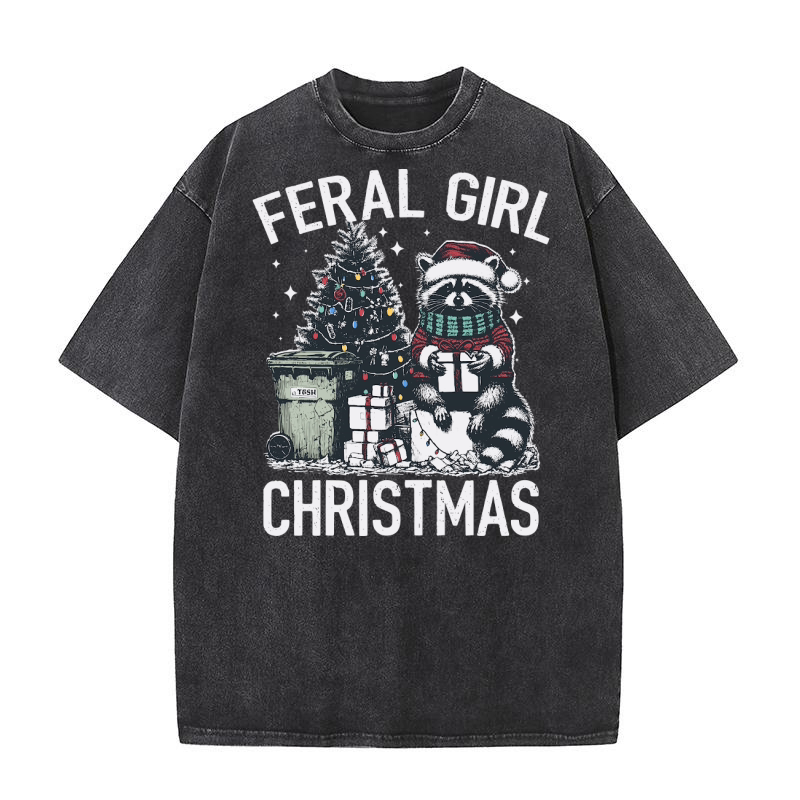 Feral Girl Christmas Raccoon D Color Washed T-Shirt