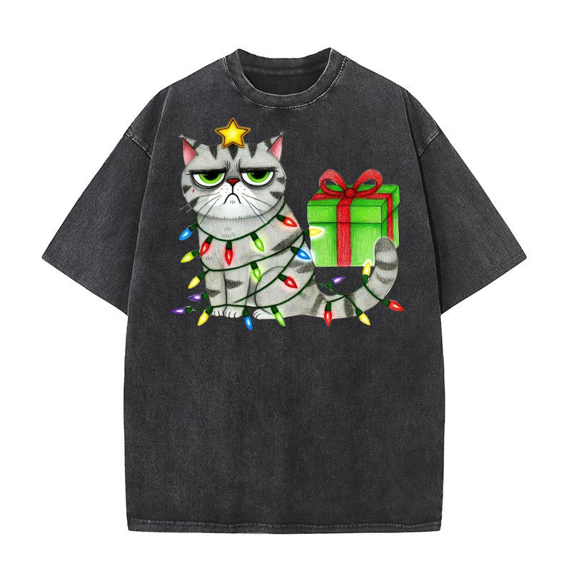 Funny Cat and Christmas Lights Washed T-Shirt