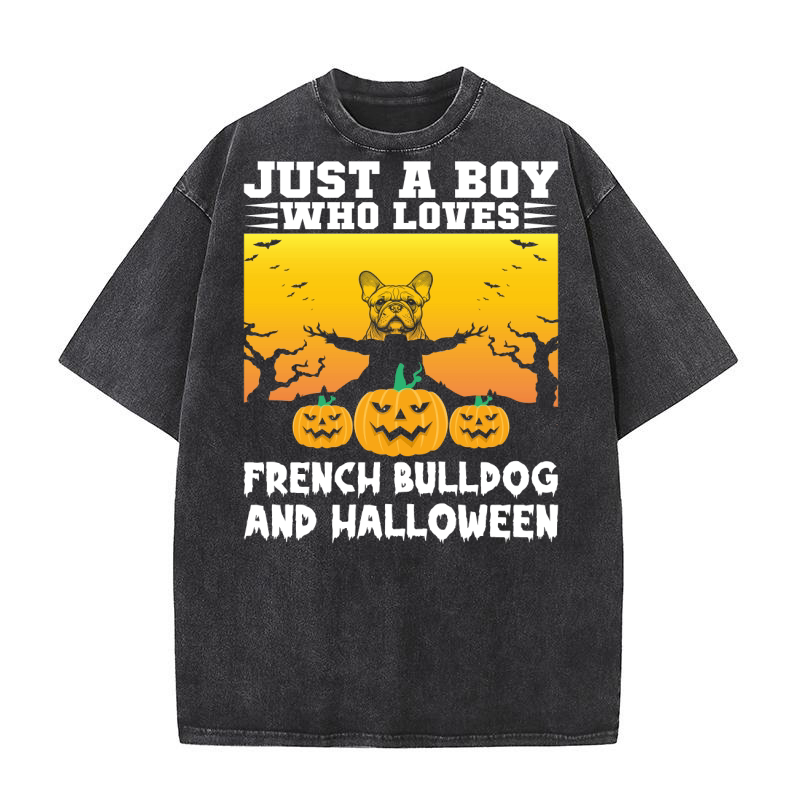 Just a Boy Who Loves French Bulldog and Halloween Washed T-Shirt