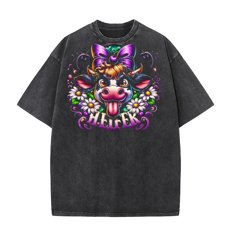 Playful Heifer Cow with Purple Bow Washed T-Shirt