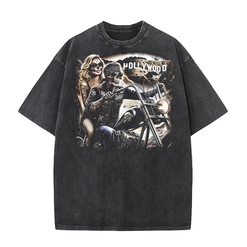 Skeleton Biker Couple in Hollywood Washed T-Shirt