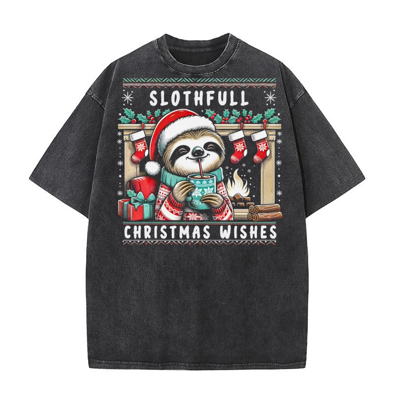 Slothful Christmas Wishes Cozy Sloth Washed T-Shirt