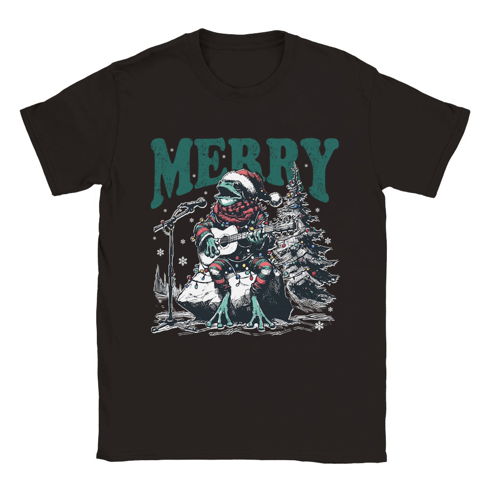 Merry Christmas Frog Playing Guitar D Black White Red Green 3 Classic Kids Crewneck T-shirt
