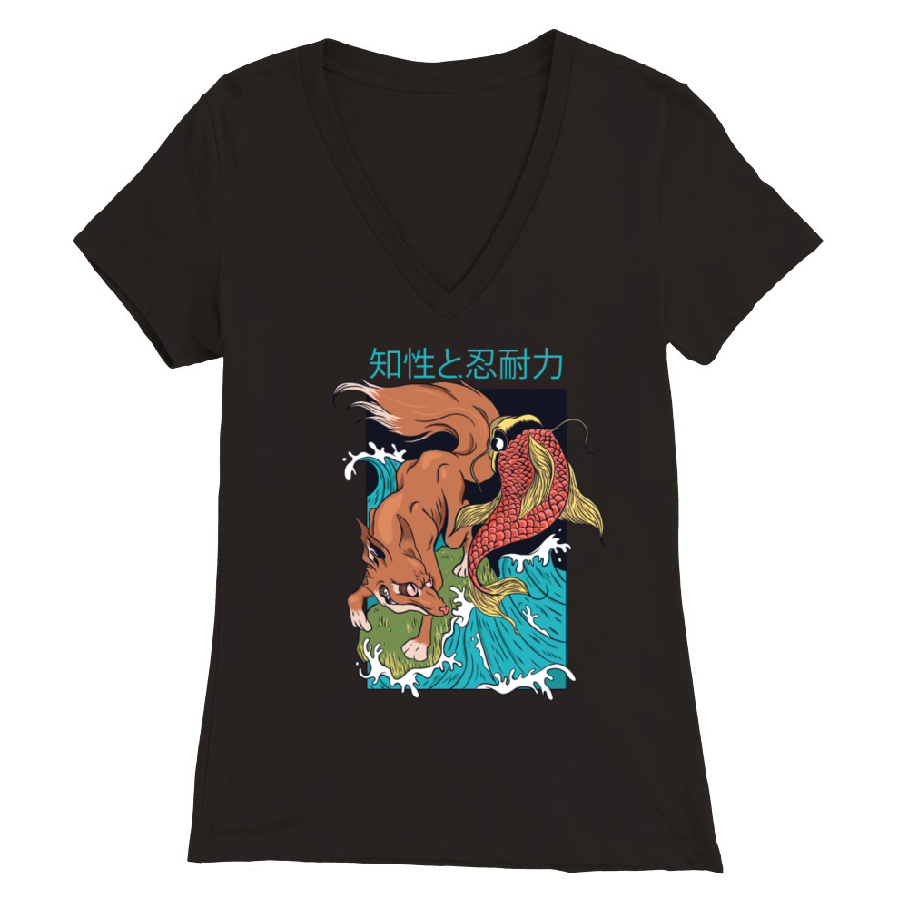 Vintage Japanese Fox and Fish Premium Womens V-Neck T-shirt