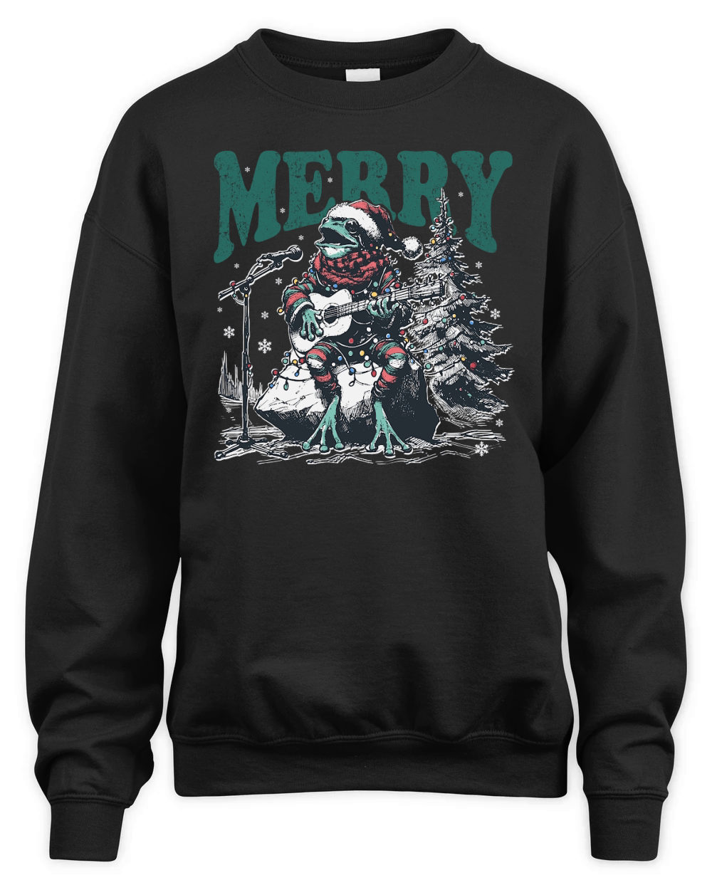 Merry Christmas Frog Playing Guitar D Black White Red Green 3 Unisex Premium Crewneck Sweatshirt