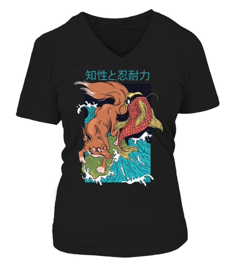 Vintage Japanese Fox and Fish V-neck T-Shirt Woman