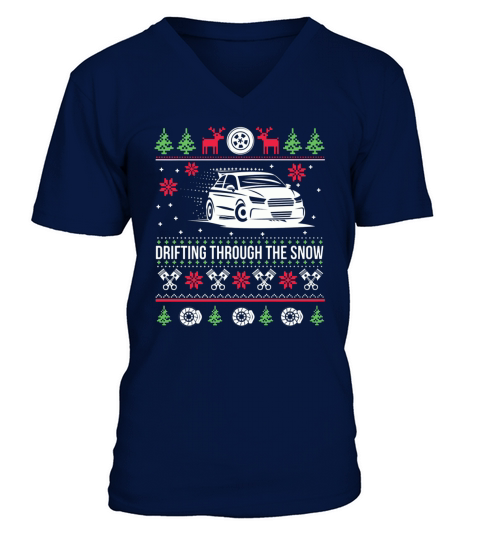 Drifting Through The Snow Car Ugly Christmas V-Neck T-shirt